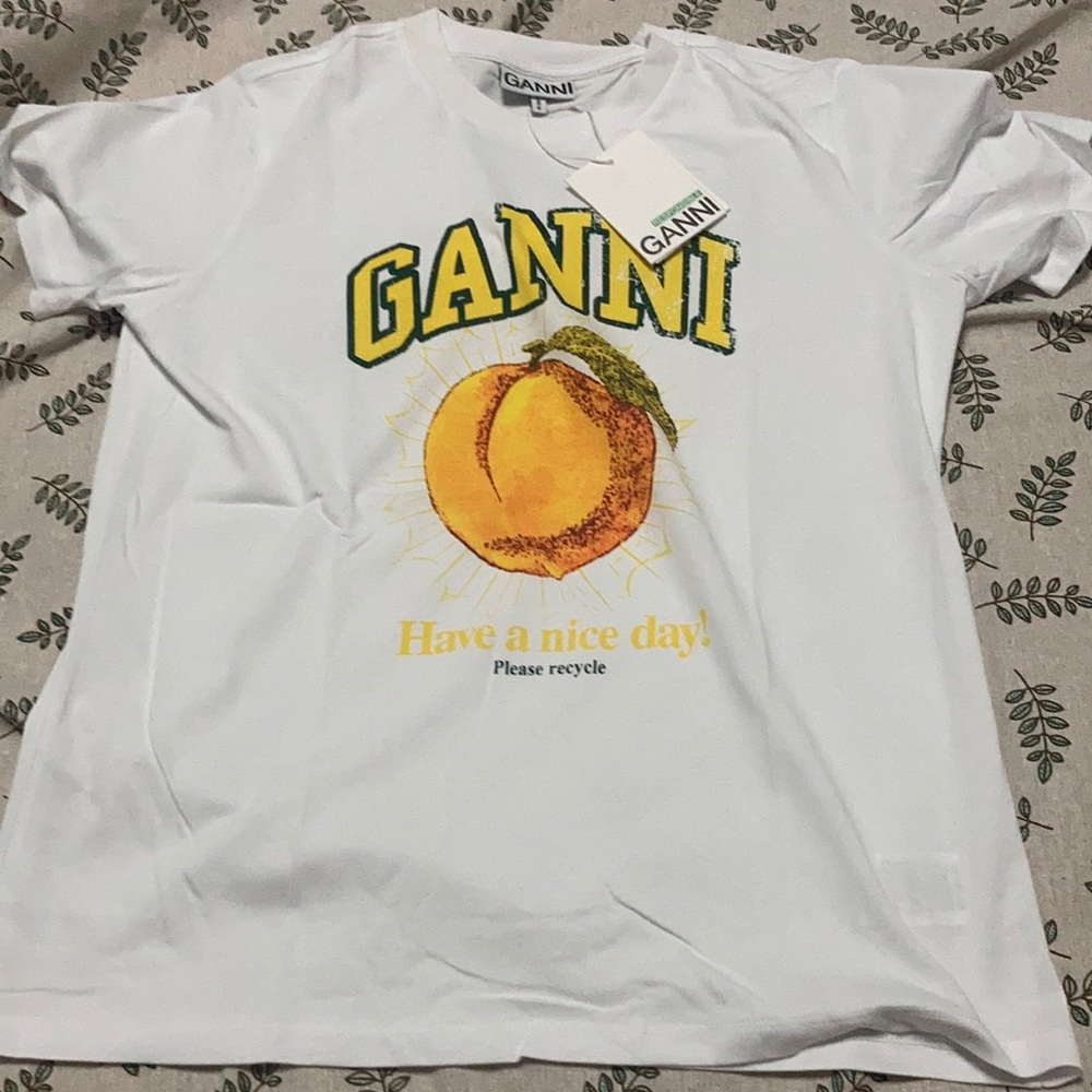 Ganni White Tee with Yellow and Green Print